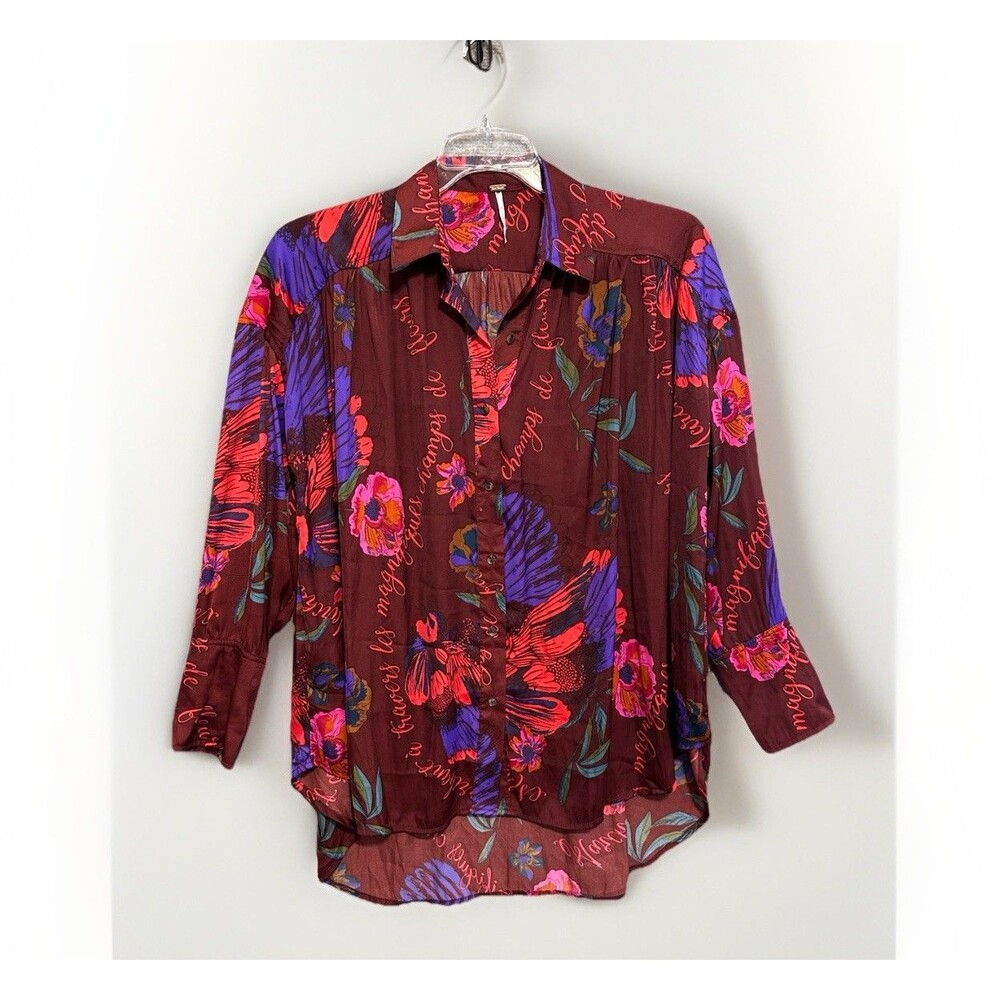 Free People Blouse Silky Nights Button Down Top Maroon Sz XS Oversized Silky